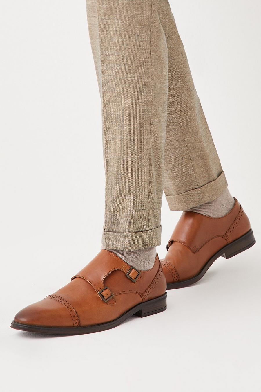 Tan Leather Smart Brogue Monk Shoes