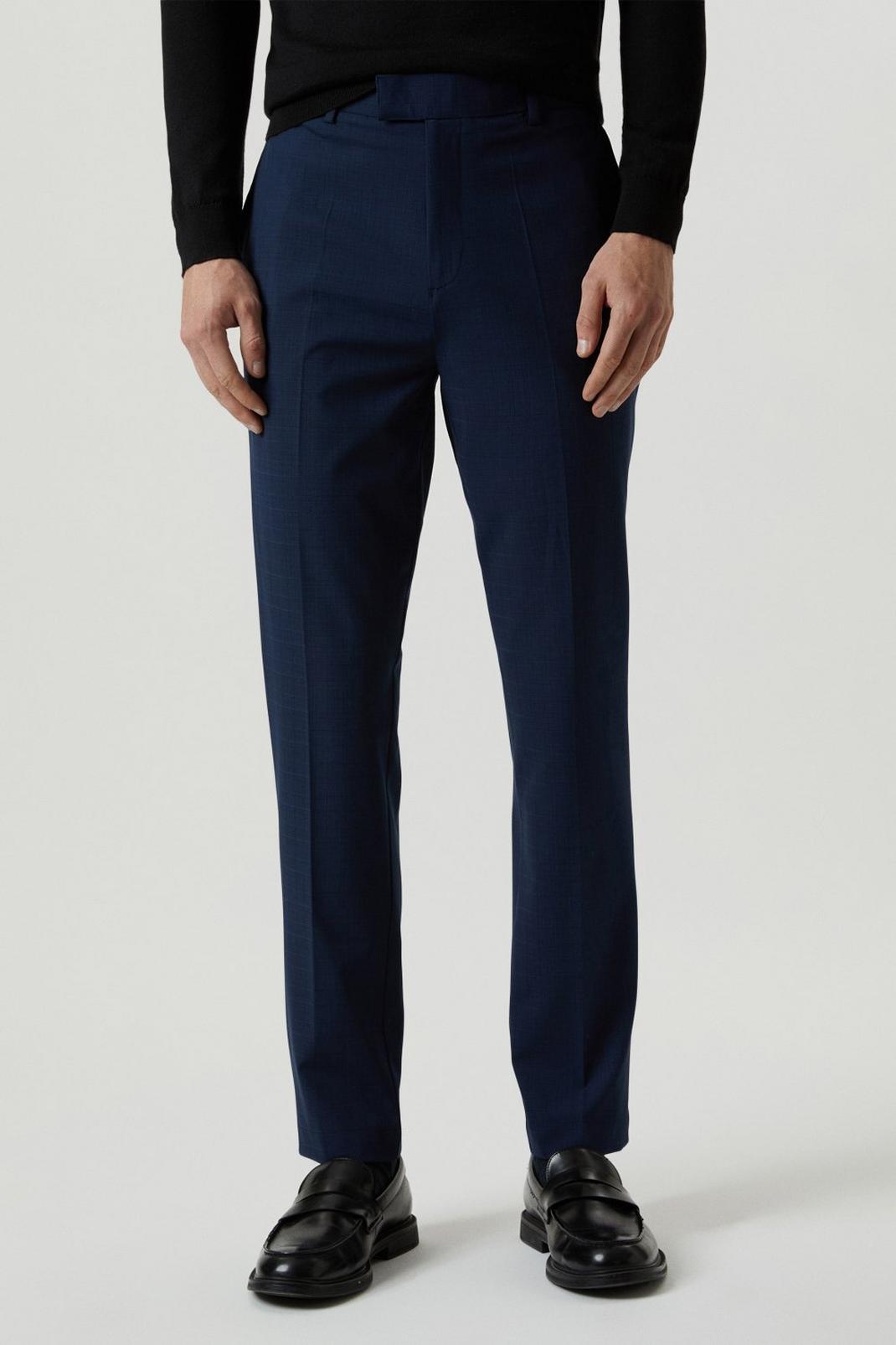 Slim Fit Blue Check Smart Trousers image number 1
