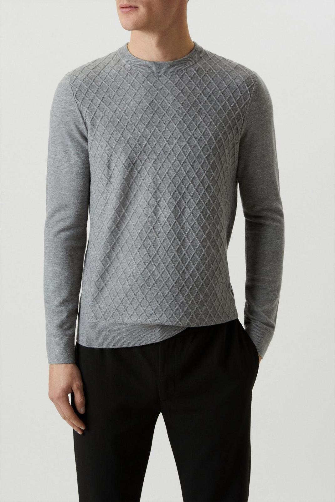 Super Soft Grey Diamond Texture Knitted Crew Neck image number 1