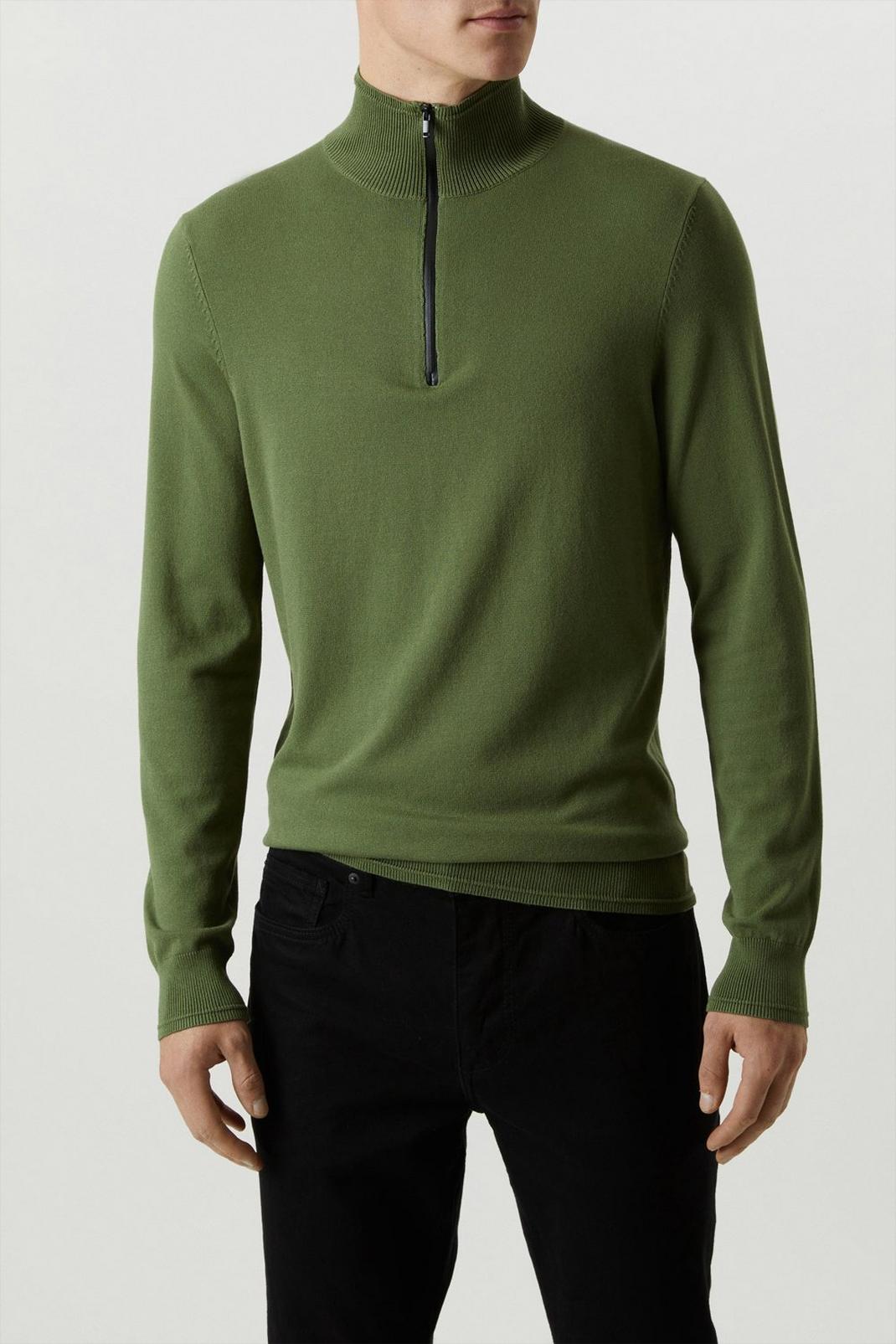 Premium Green Knitted Tech Funnel 1/4 Zip Jumper image number 1
