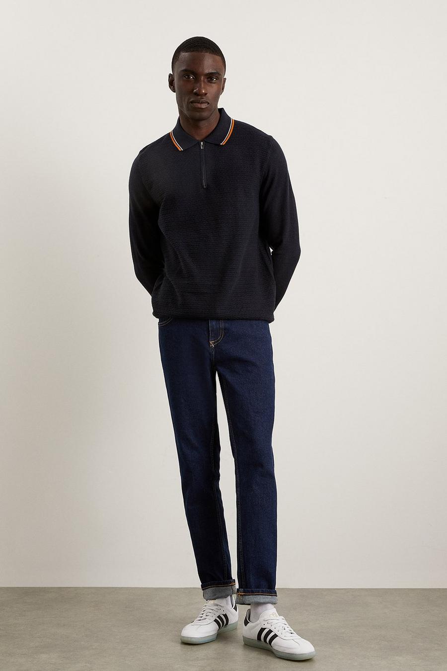 Super Soft Navy Tipped Texture Knitted Zip Polo Shirt