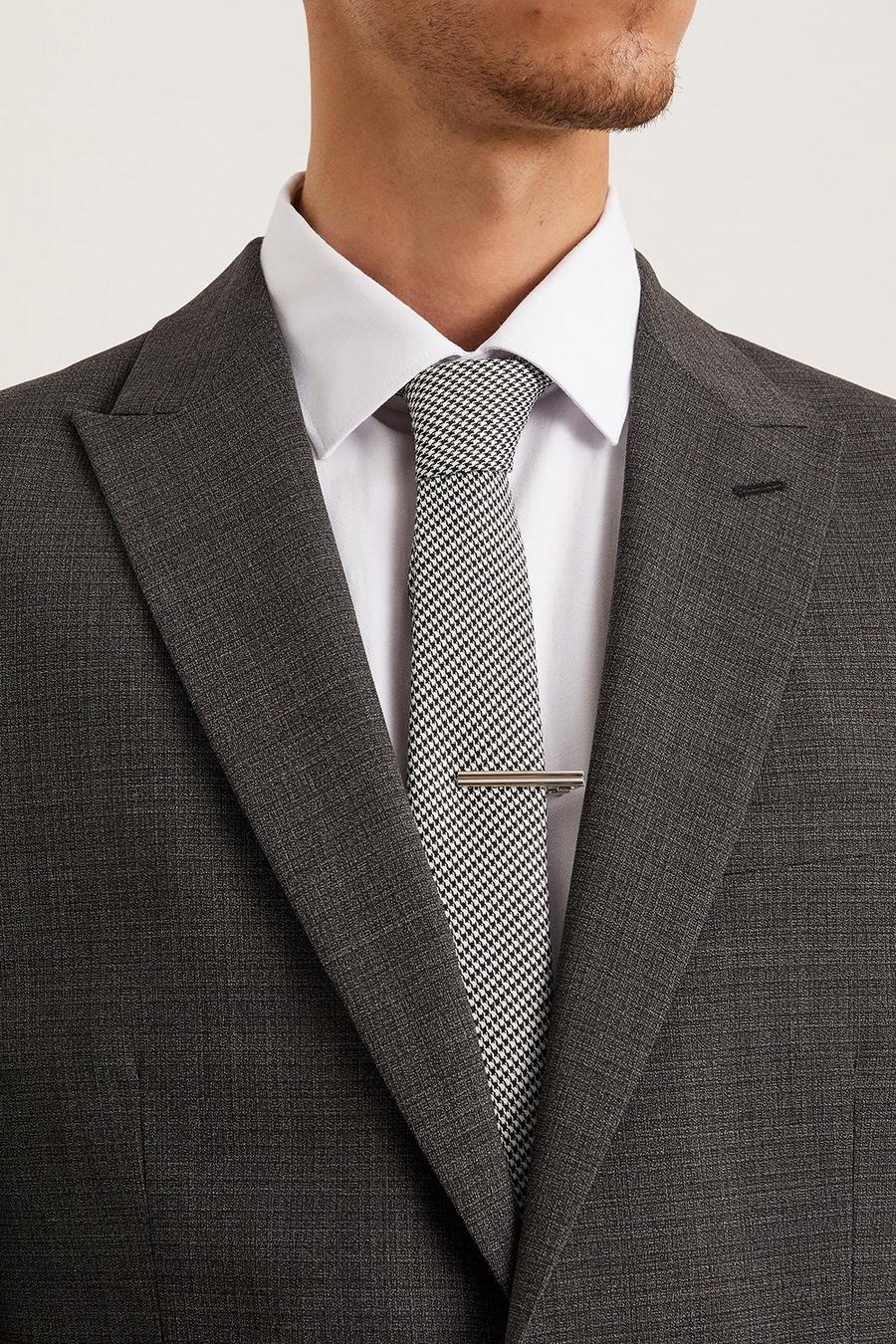 Regular Grey Tonal Puppytooth Tie With Tie Clip