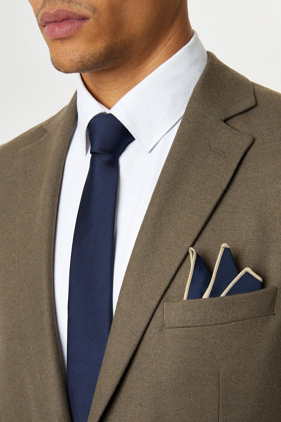Navy Tie With Piped Pocket Square