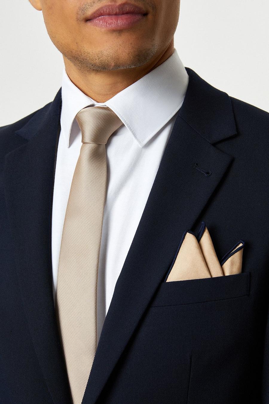 Champagne Tie With Piped Pocket Square