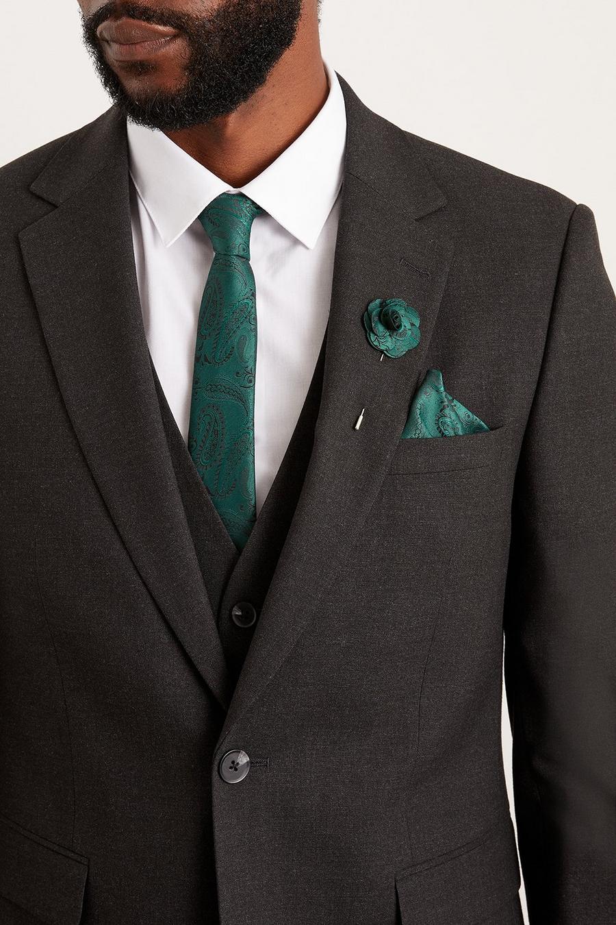 Forest Green Wedding Paisley Tie Set With Lapel Pin