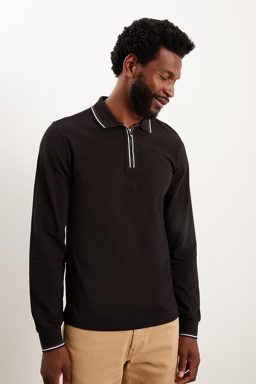Black Long Sleeve Tipped Collar Polo Shirt image number 1