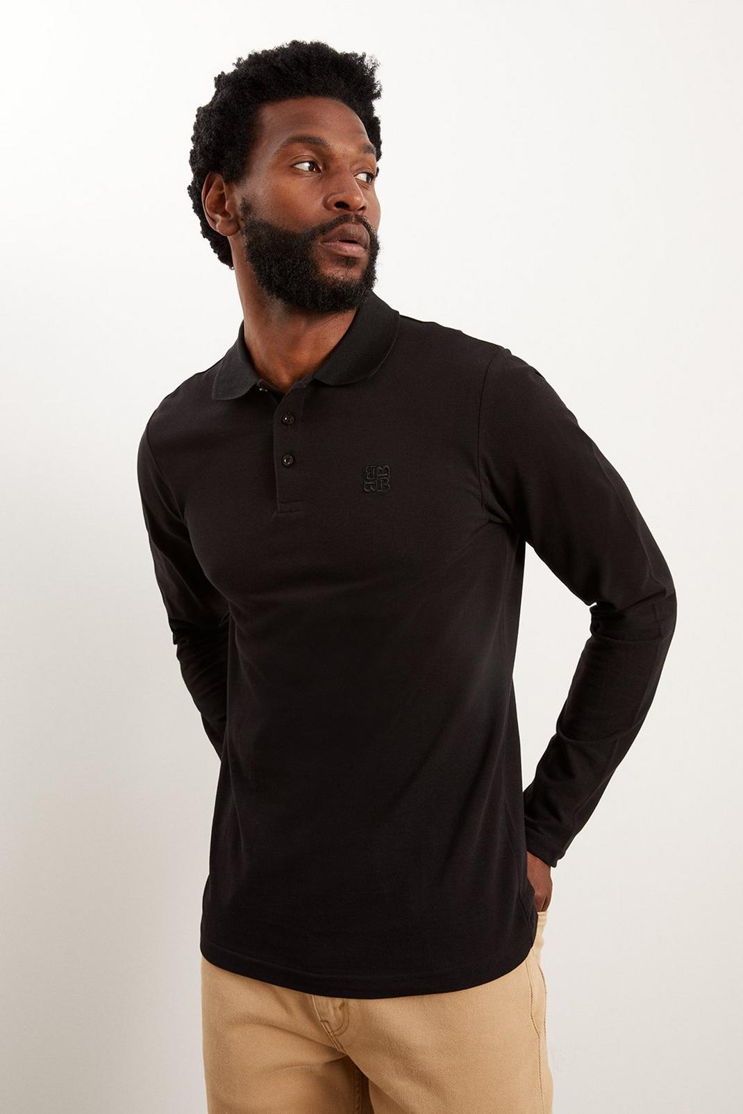 Black Long Sleeve Pique Polo Shirt image number 1