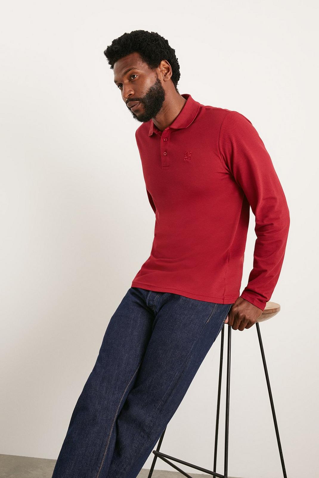 Burgundy Long Sleeve Pique Polo Shirt image number 1