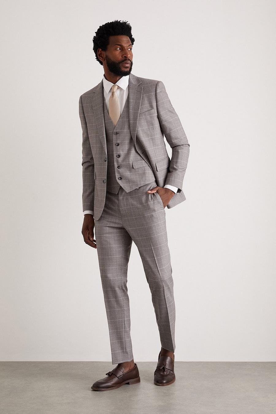 Skinny Fit Grey Fine Check Suit Trousers