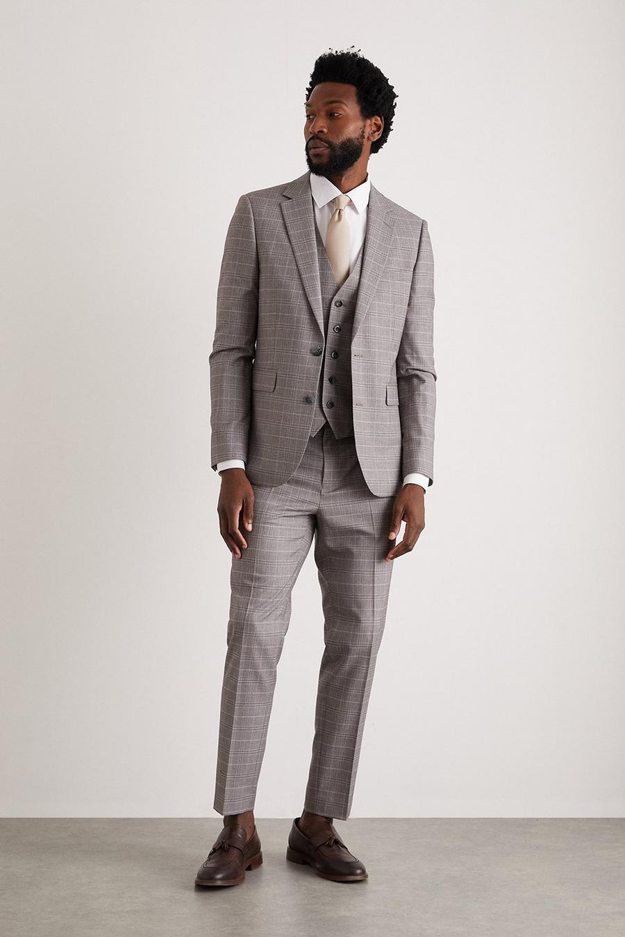 Skinny Fit Grey Fine Check Two-Piece Suit