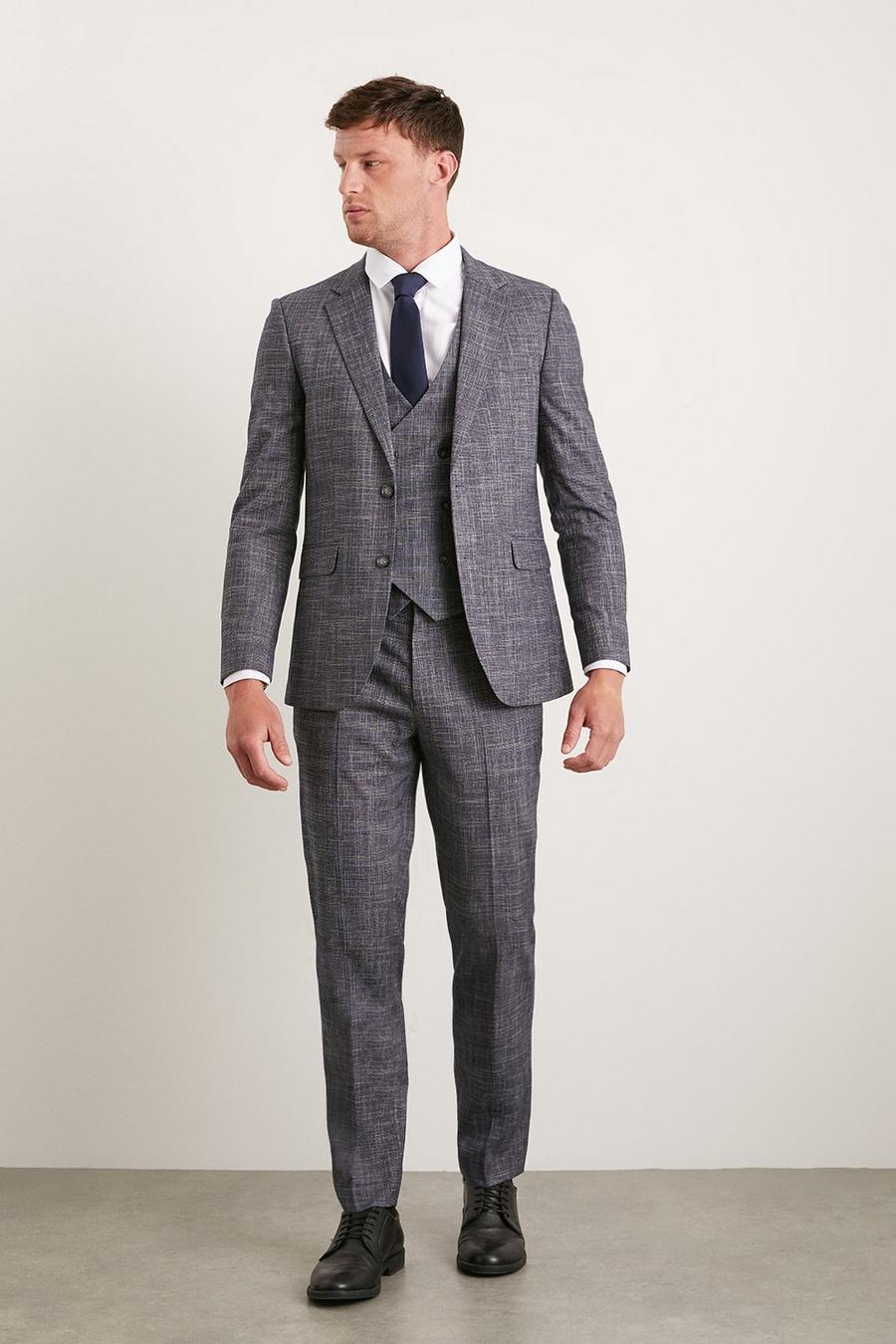 Slim Fit Navy Textured Pow Check Suit Trousers