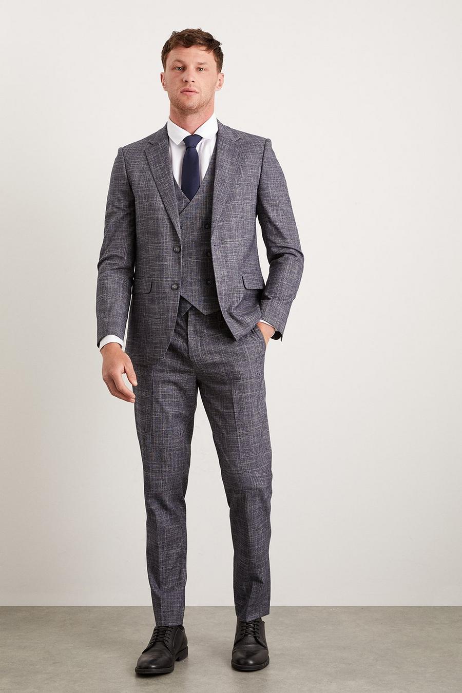 Slim Fit Navy Textured Pow Check Suit Jacket