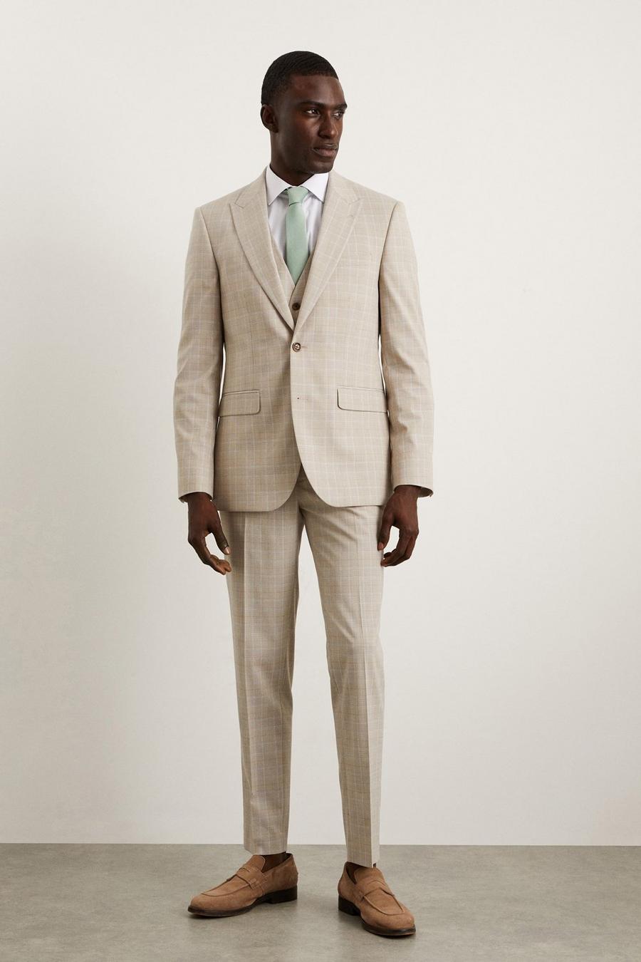 Slim Fit Stone Pow Check Two-Piece Suit