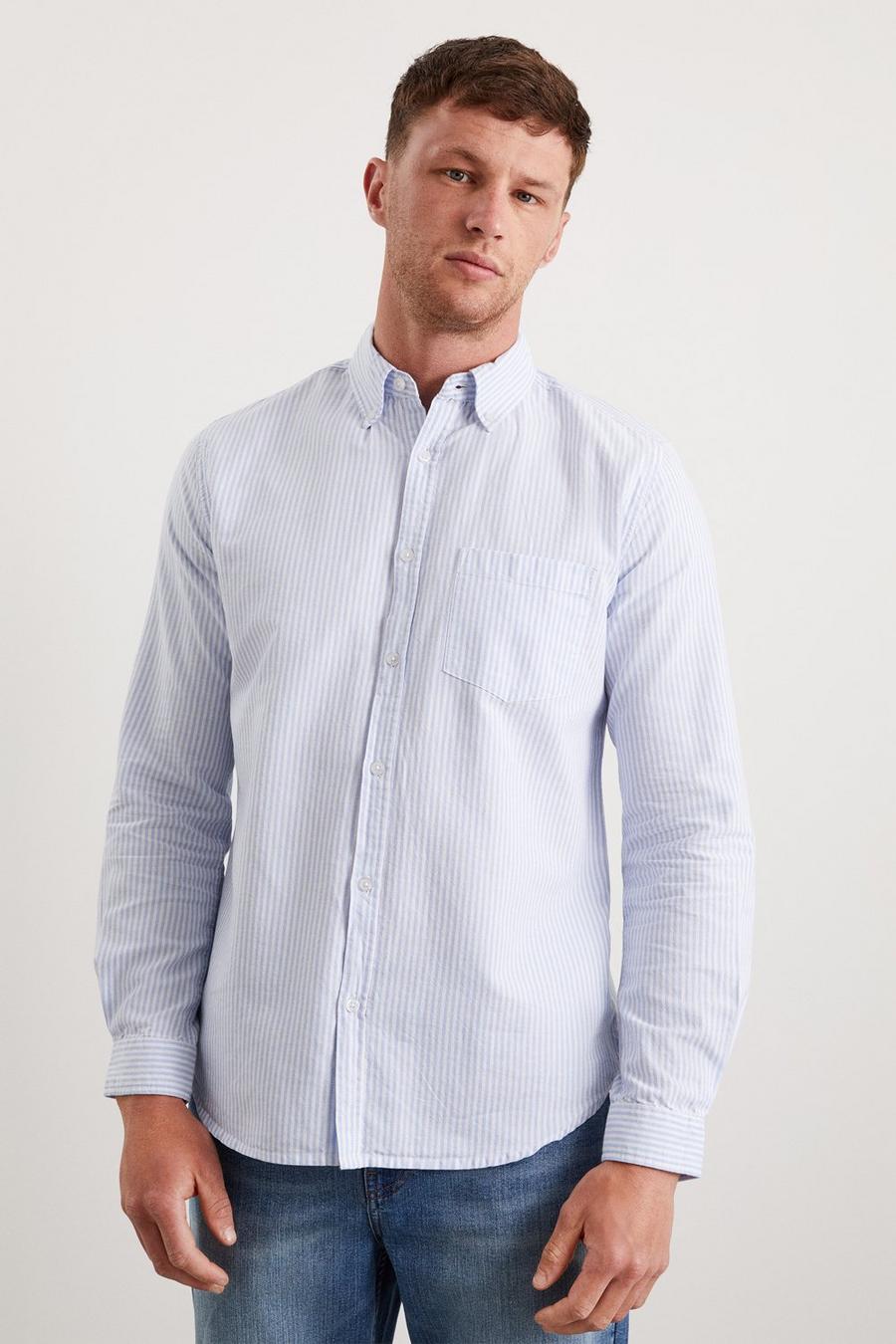 White And Blue Long Sleeve Pocket Oxford Shirt