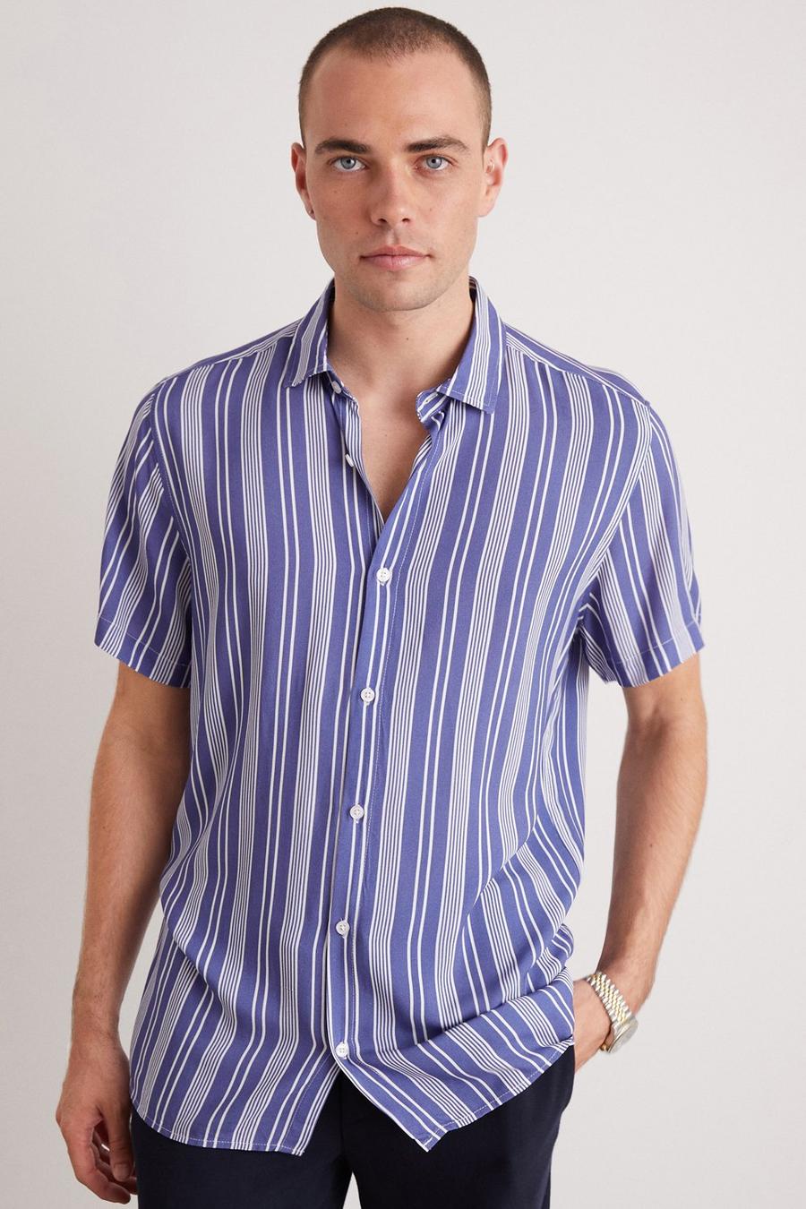 Blue And White Eco Viscose Varied Stripe Shirt