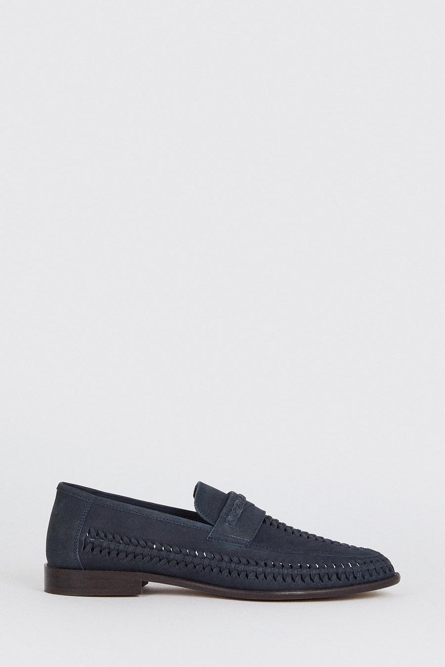 Navy Leather Basket Weave Loafers