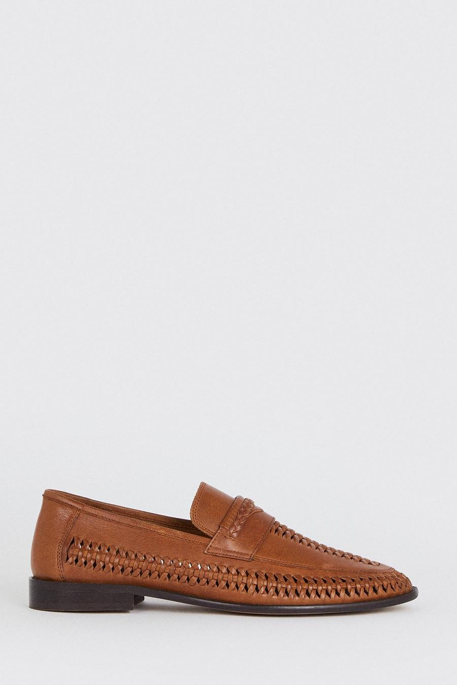 Brown Leather Basket Weave Loafers