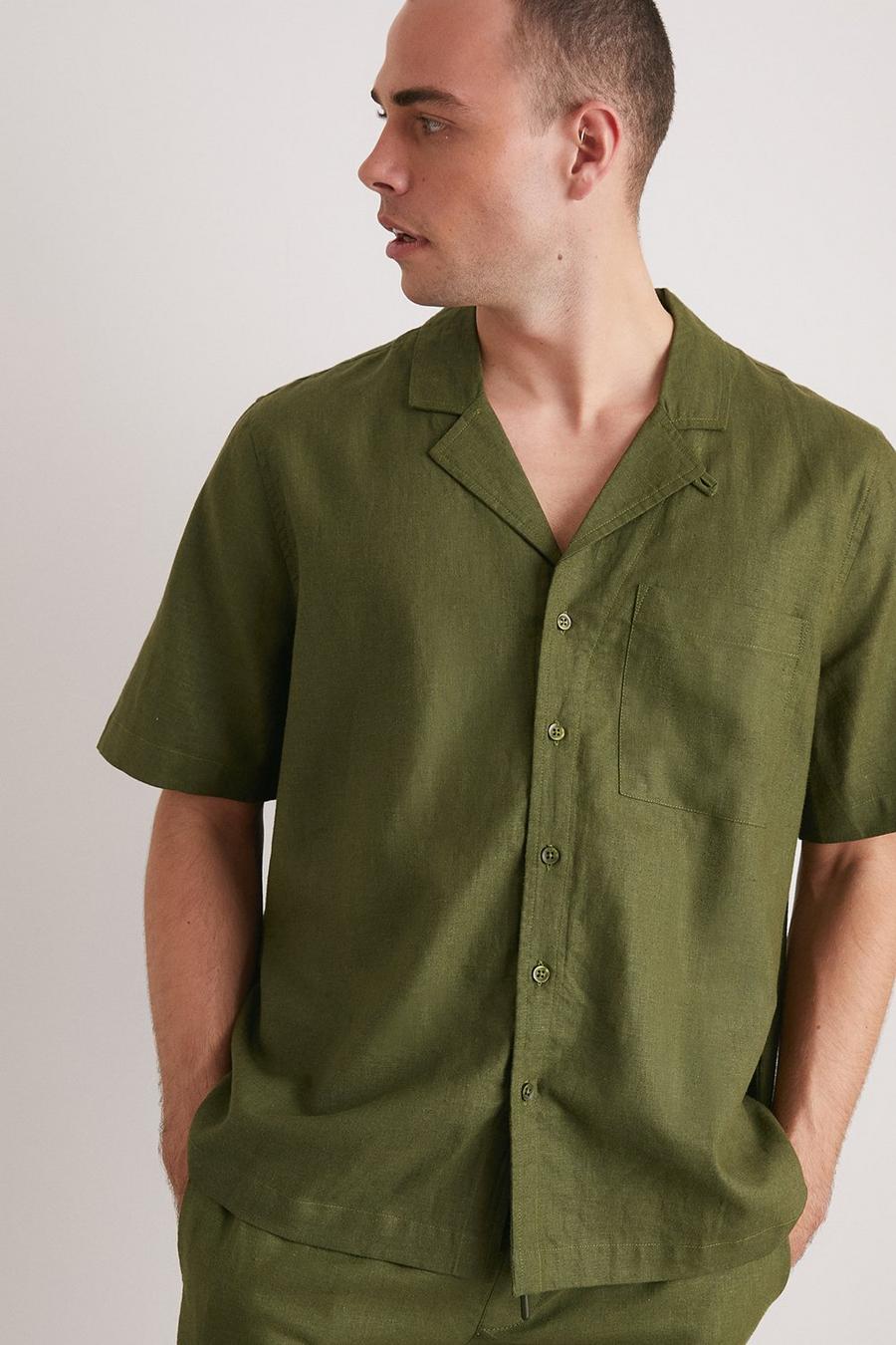 Khaki Short Sleeve Linen Pocket Shirt