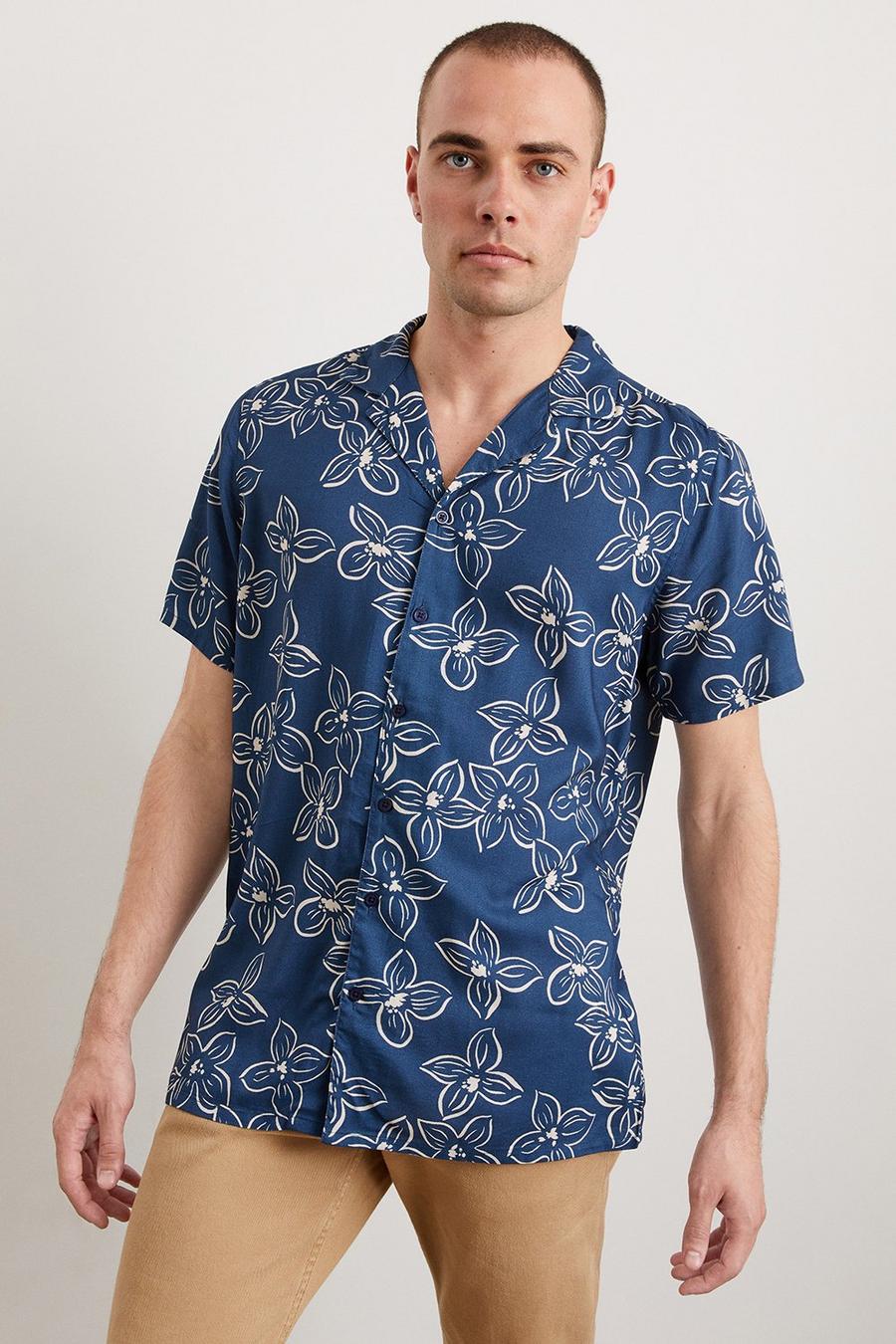 Navy Floral Print Viscose Revere Shirt