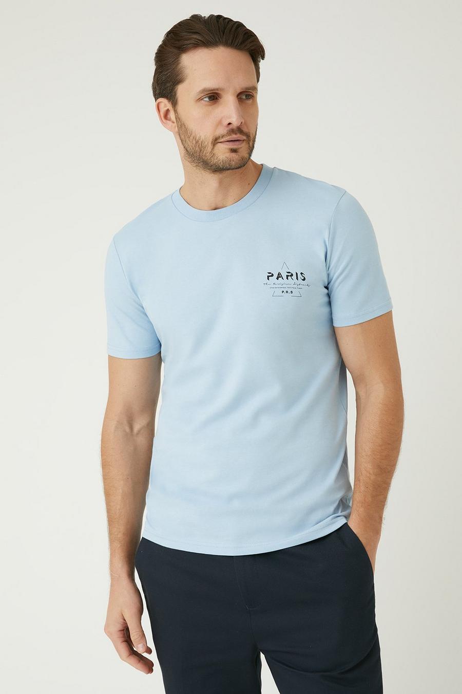 Pale Blue Short Sleeve Paris Print T-shirt
