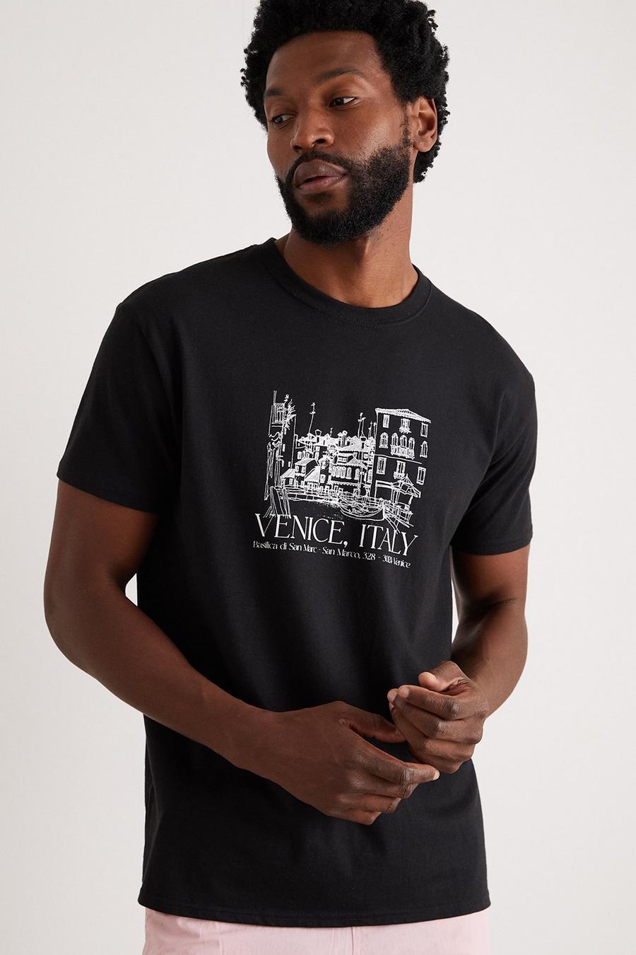 Black Slim Fit Venice Print T-shirt