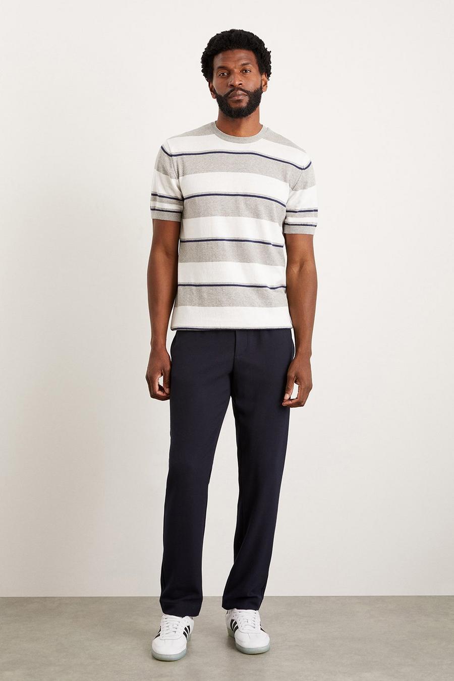 Slim Fit Grey Short Sleeve Stripe Knitted T-shirt