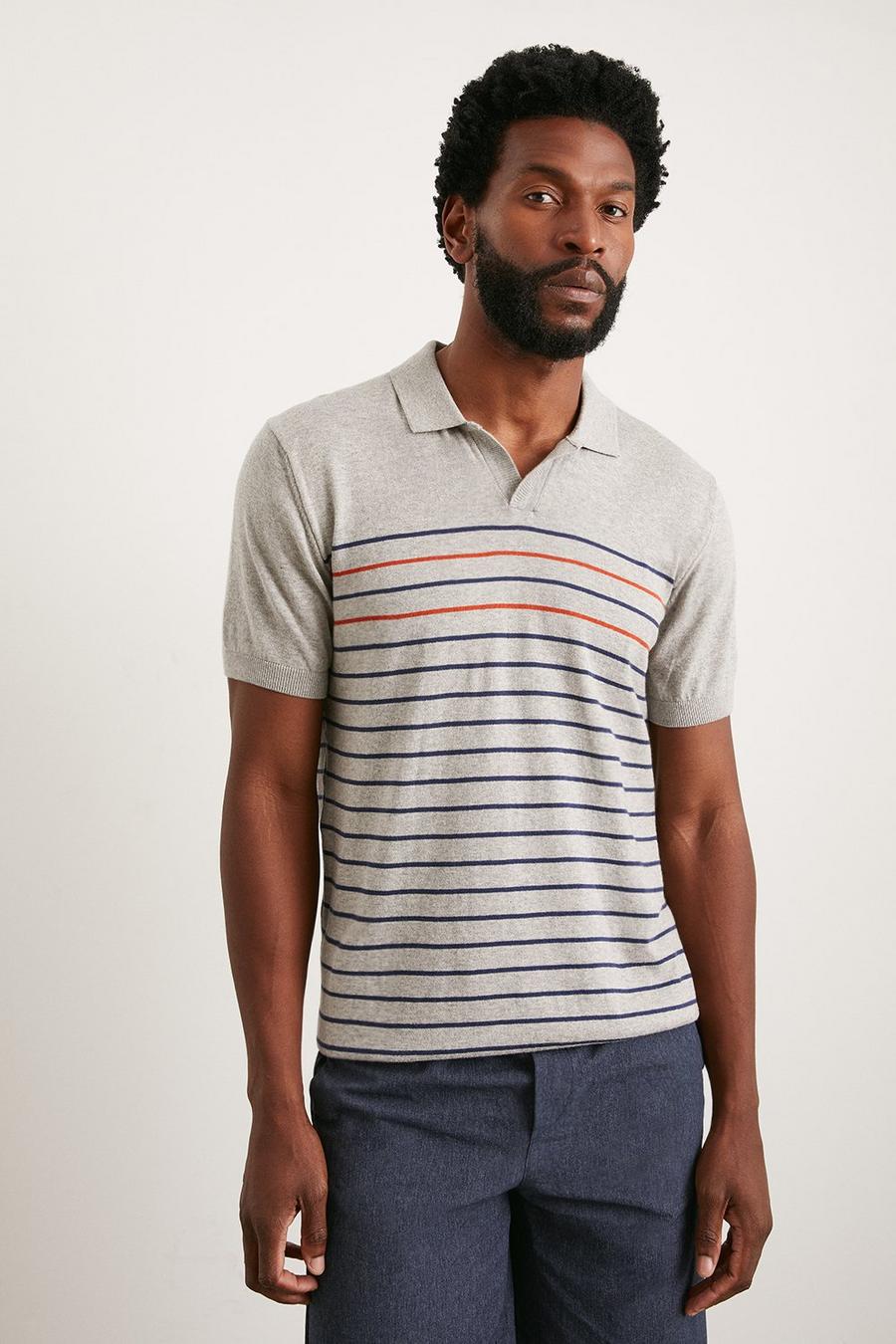 Slim Fit Grey Short Sleeve Stripe Knitted Polo