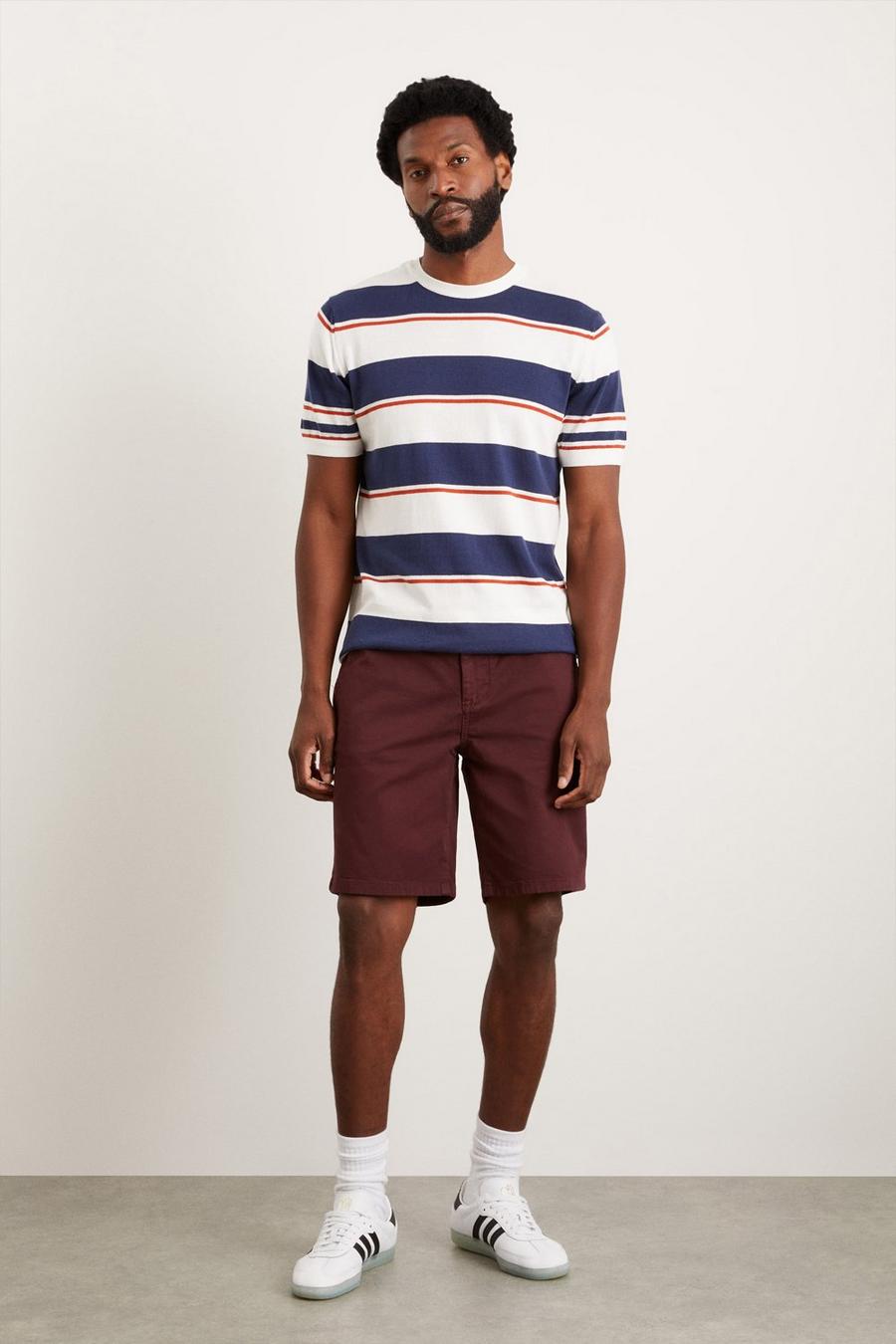 Slim Fit Navy Short Sleeve Stripe Knitted T-shirt