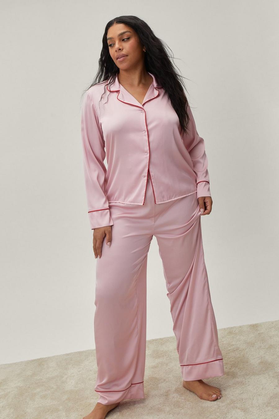 Plus Size Contrast Piping Shirt and Pants Pajama Set