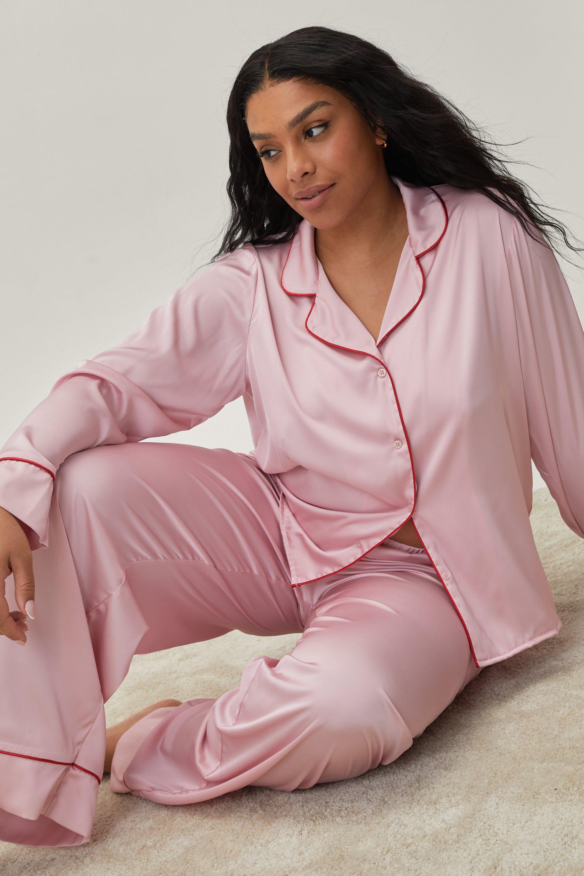 Contrast Piping Button Down Satin Pajama Set