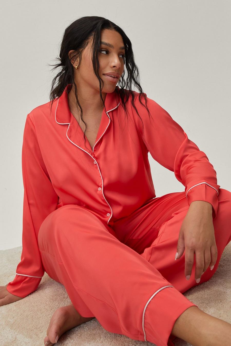Plus Size Contrast Piping Shirt and Trousers Pyjama Set