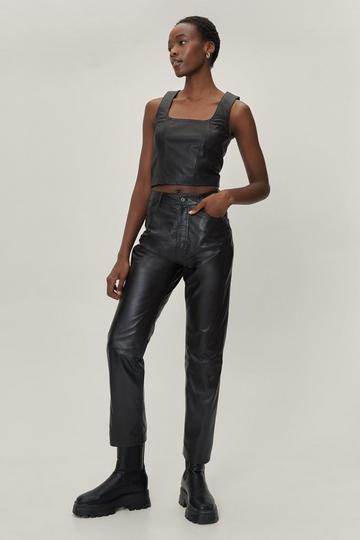 Black Real Leather Straight Leg High Waisted Pants