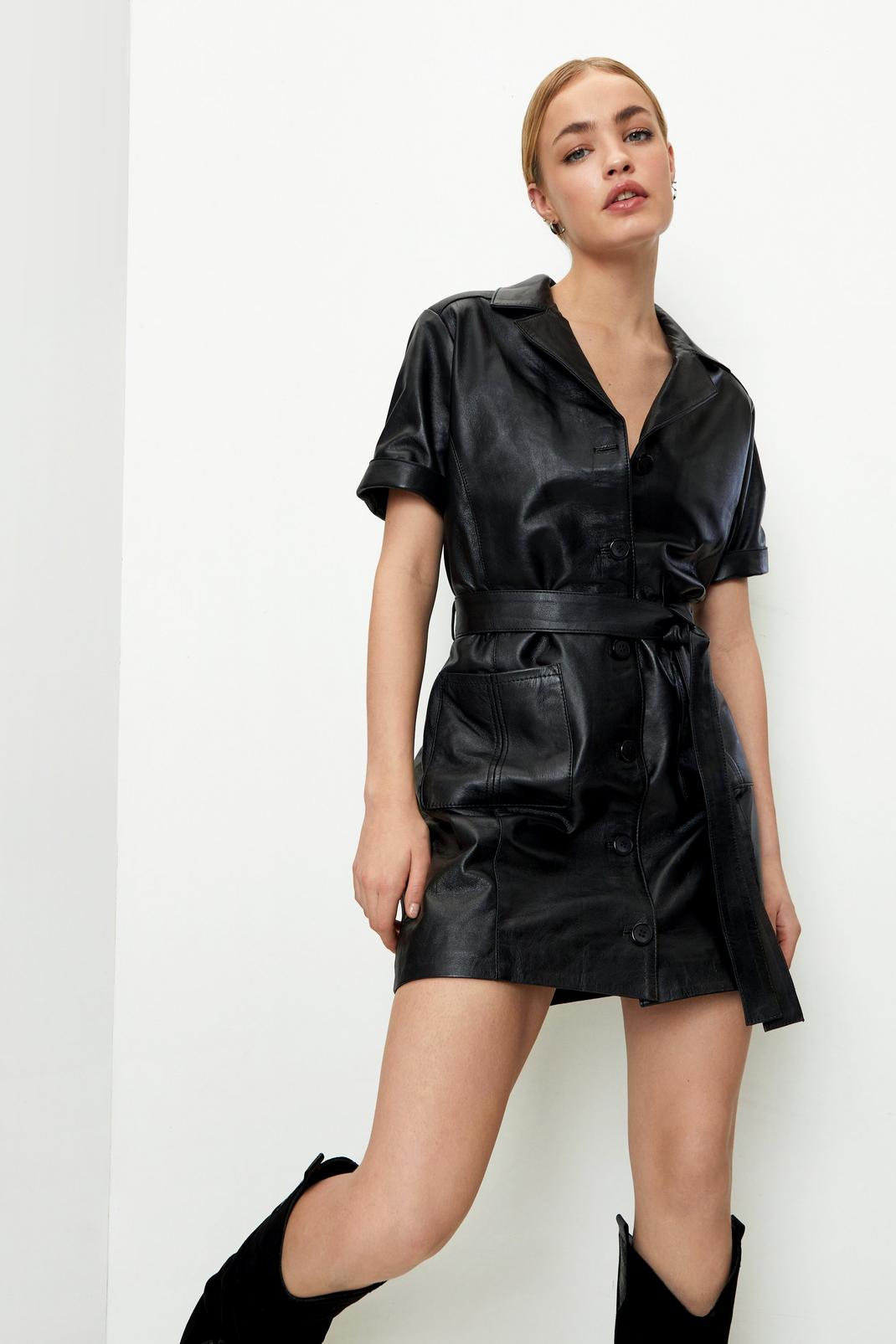 Black Real Leather Belted Button Down Mini Dress image number 1