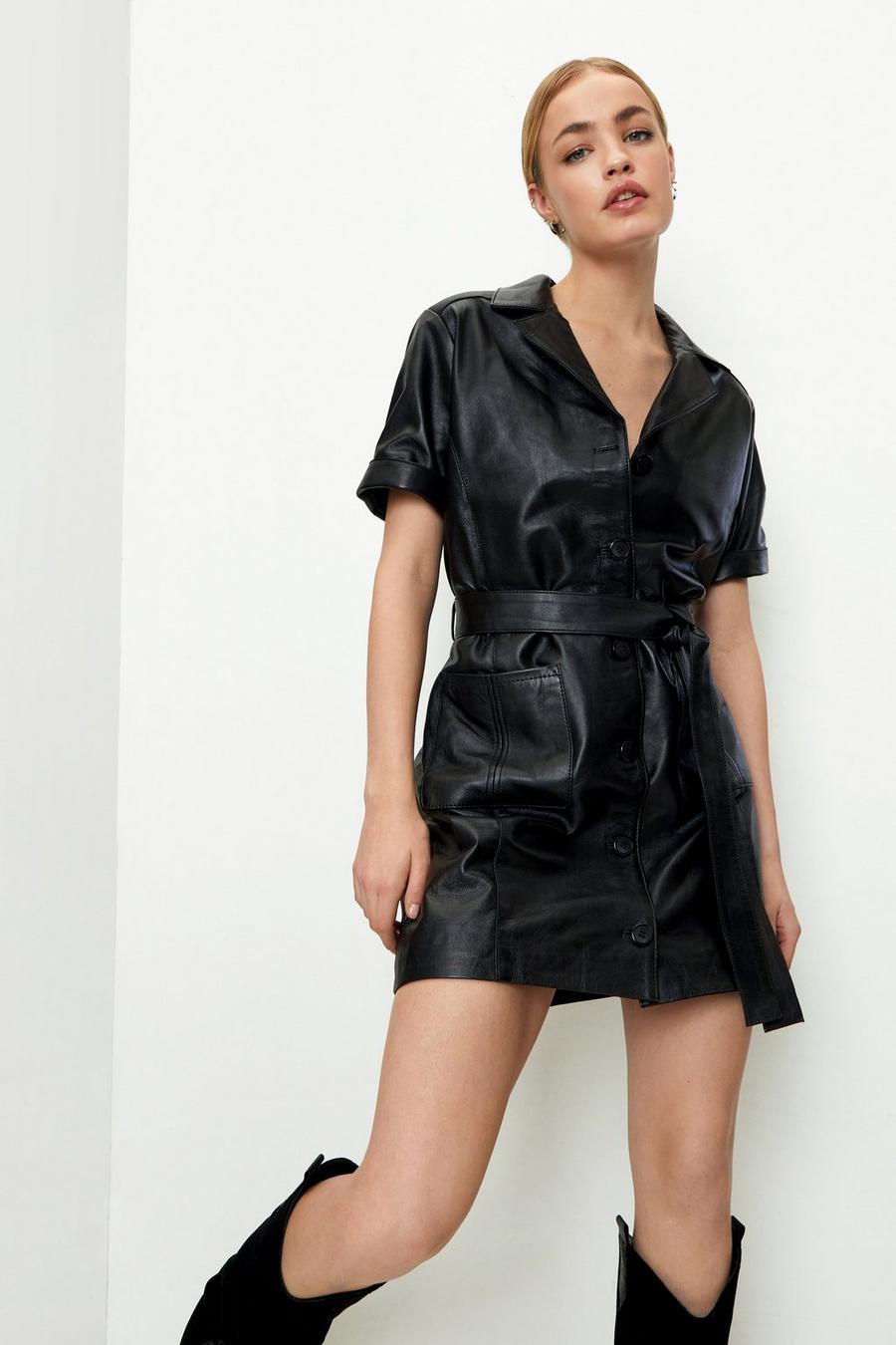 Real Leather Belted Button Down Mini Dress