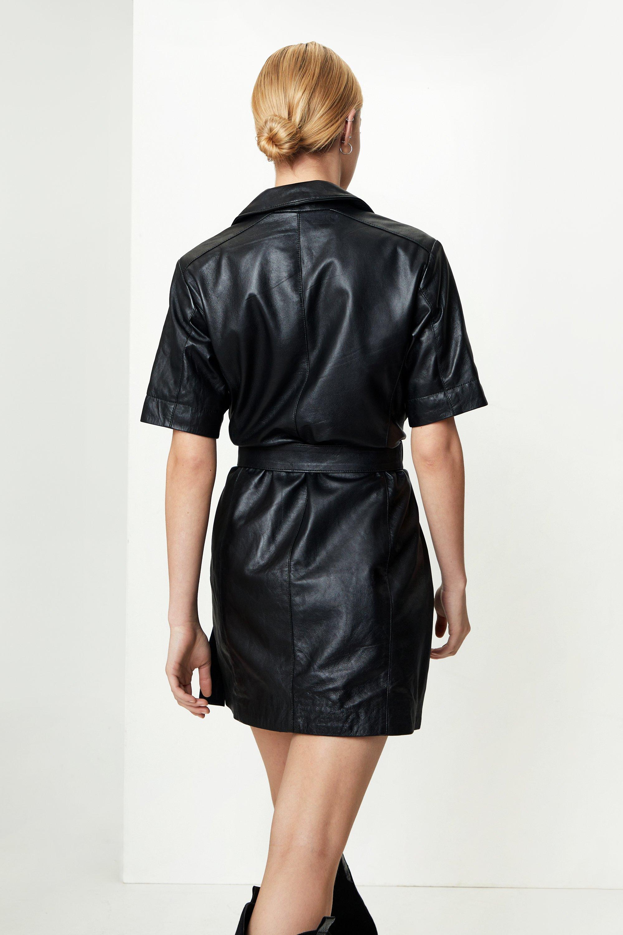 Real Leather Belted Button Down Mini Dress