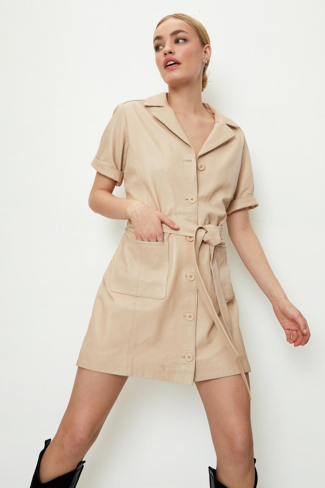 124 Real Leather Belted Button Down Mini Dress image number 1