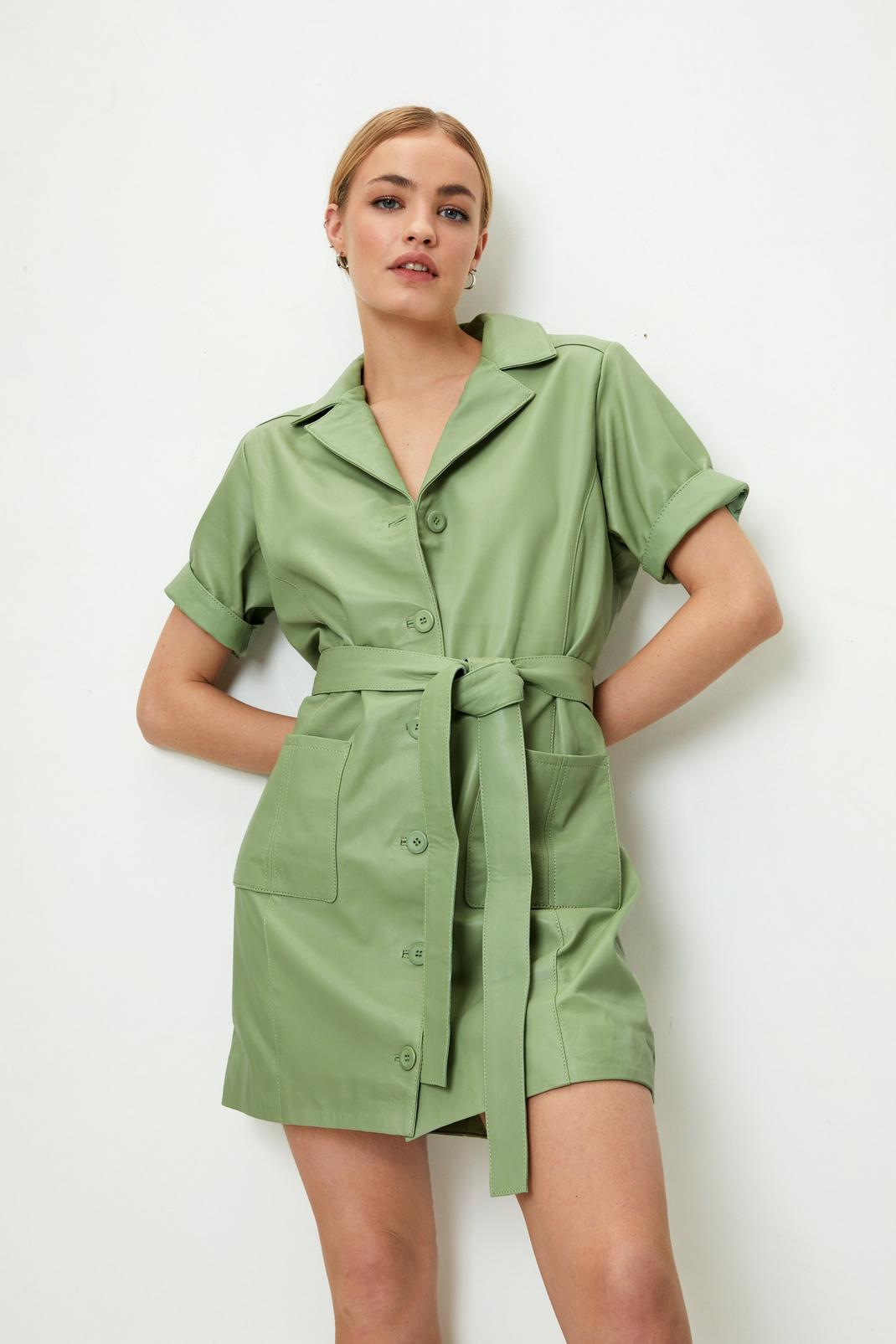 Sage Real Leather Belted Button Down Mini Dress image number 1