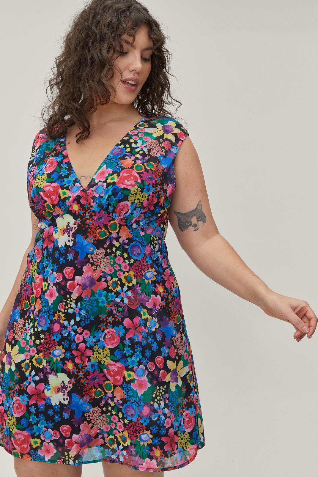 105 Plus Size Plunging Vibrant Floral Print Mini Dress image number 2