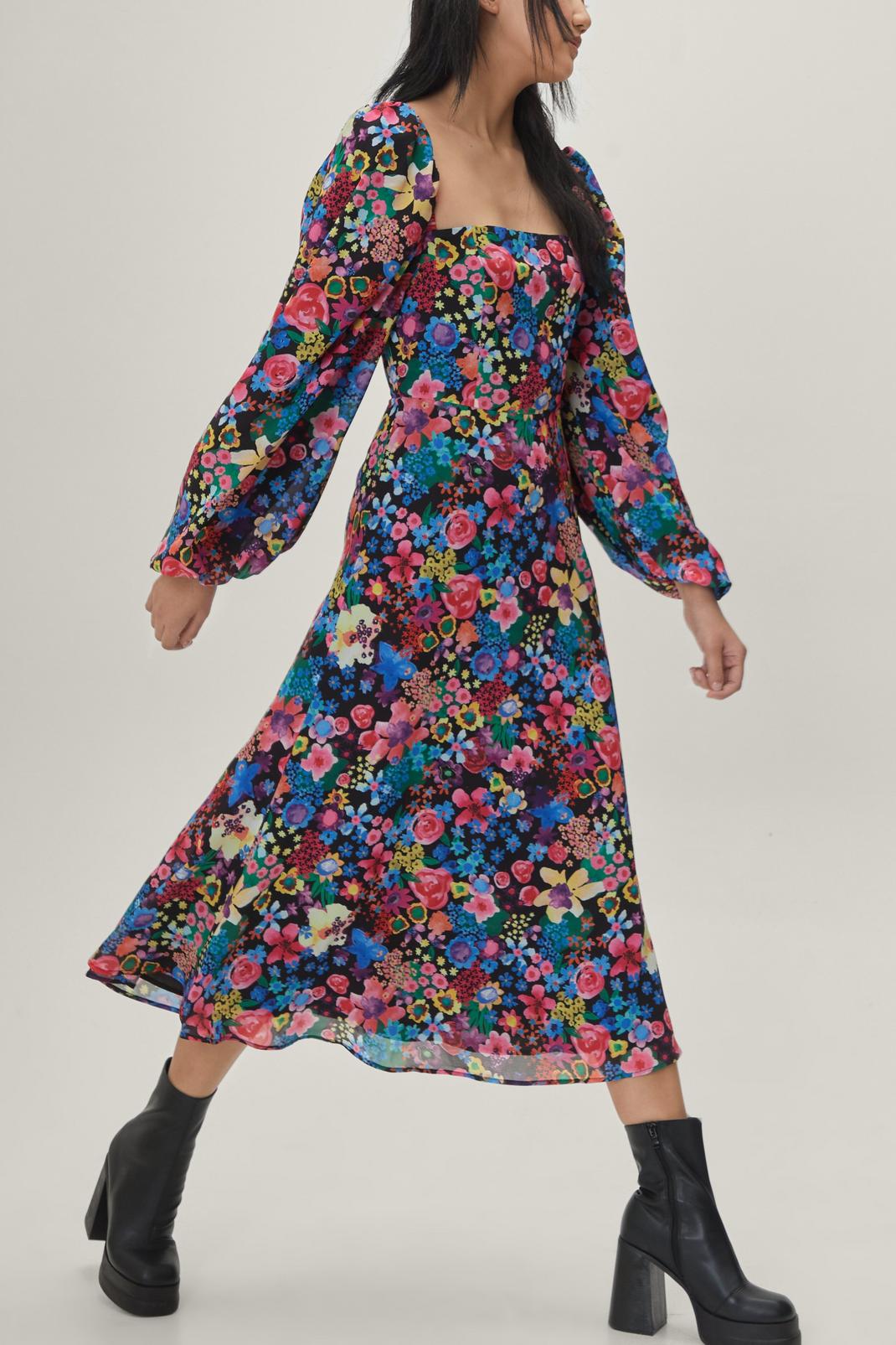 105 Floral Square Neck Balloon Sleeve Midi Dress image number 1