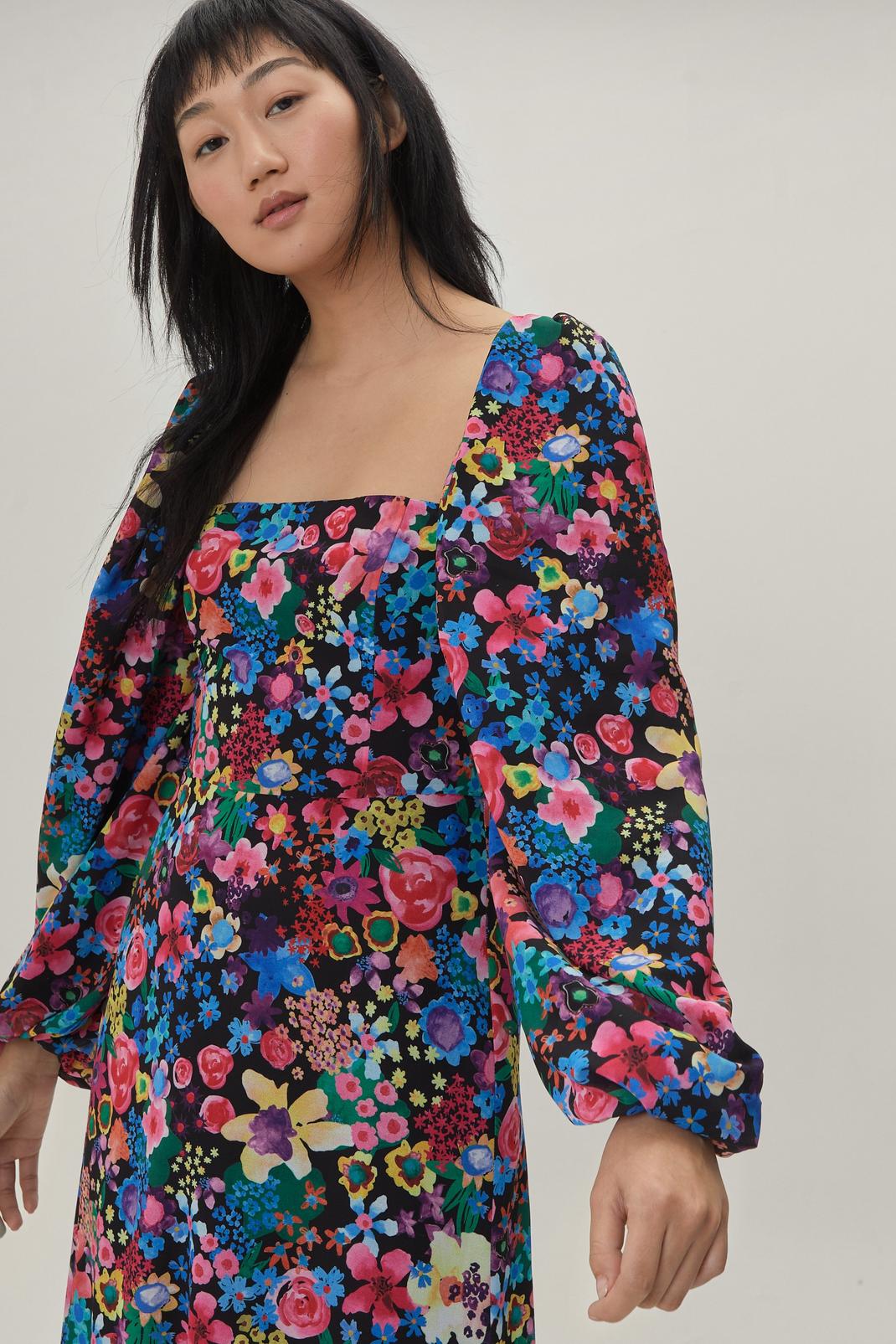 105 Floral Square Neck Balloon Sleeve Midi Dress image number 2