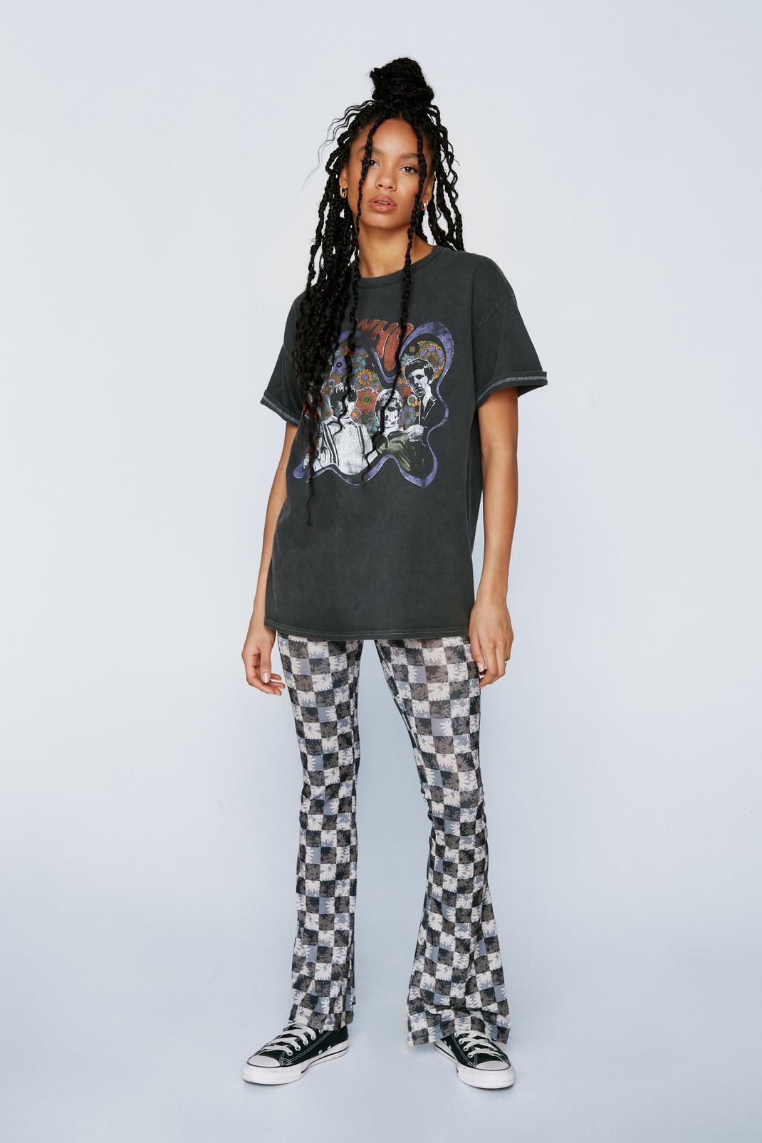 Mono Floral Checkerboard Mesh Flare Pants image number 1