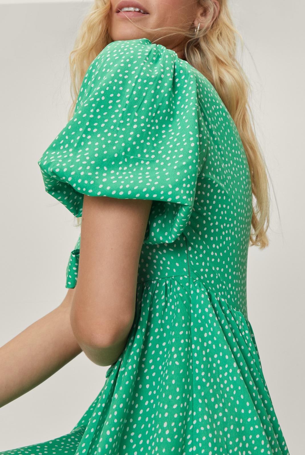 Green Tie Front Puff Sleeve Mini Dress image number 1