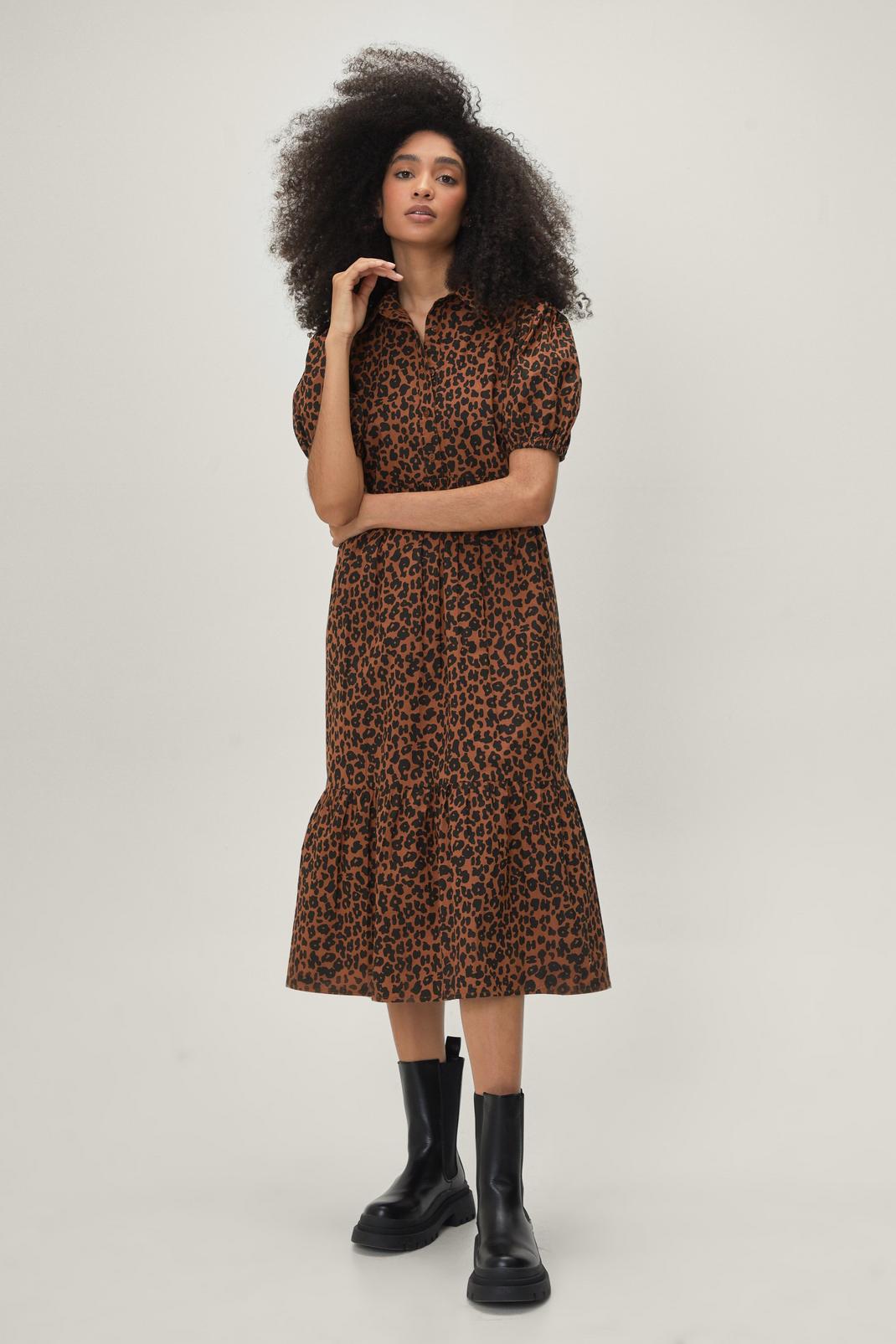 Brown Leopard Print Tiered Midi Shirt Dress image number 1
