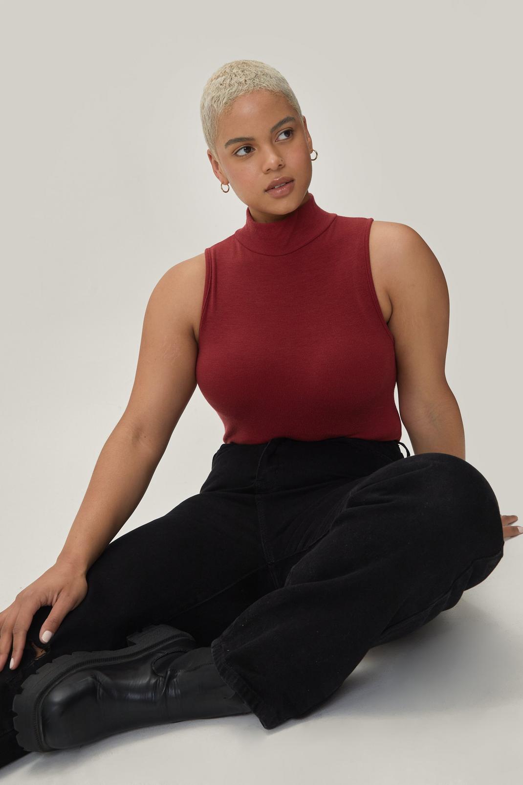 Red Plus Recycled Funnel Neck Rib Racer Bodysuit image number 1