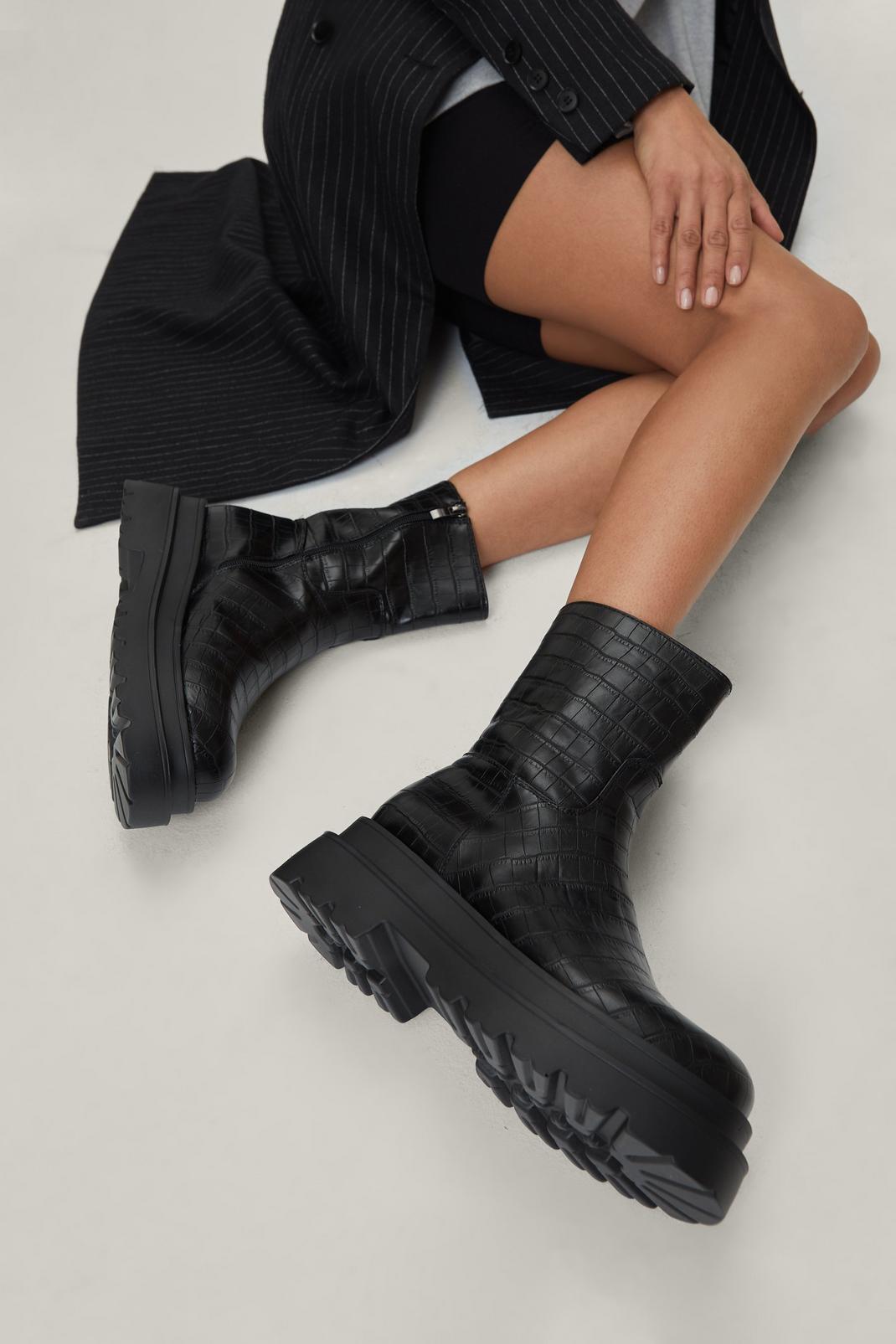 Black Chunky Croc Embossed Zip Down Ankle Boots image number 1