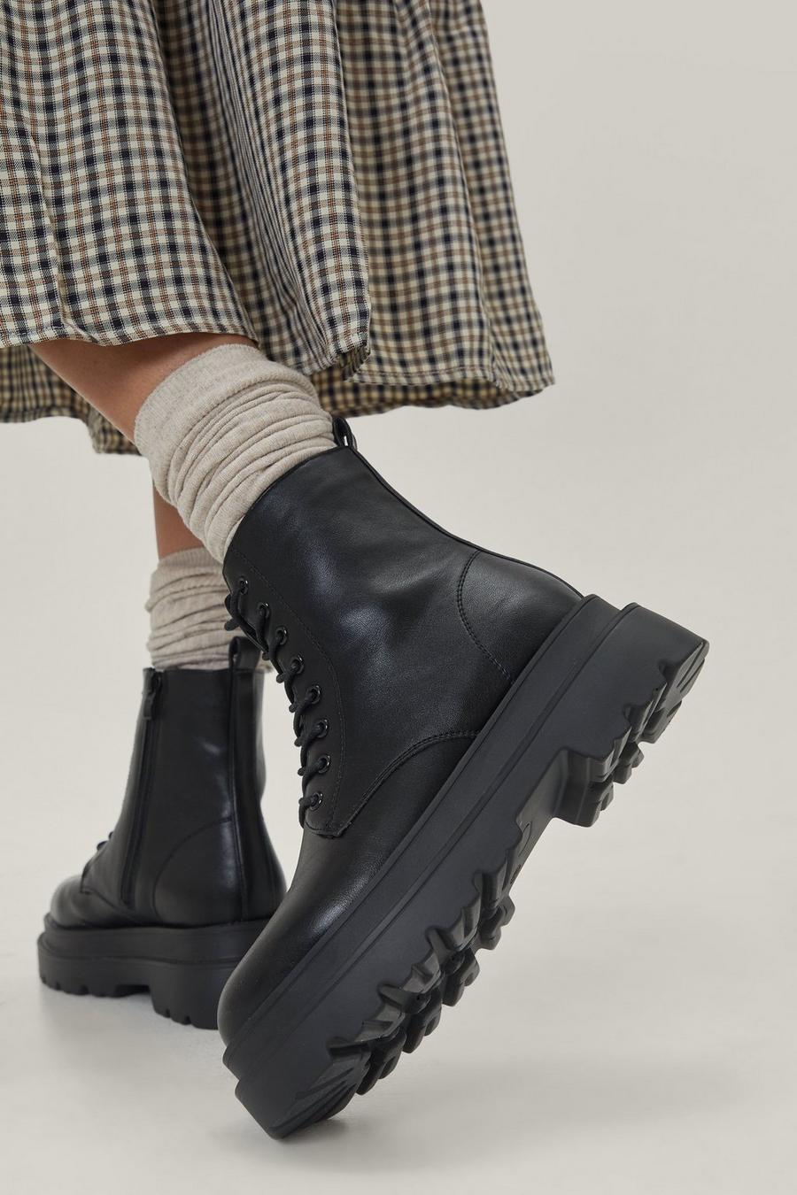 Faux Leather Cleated Chunky Biker Boots