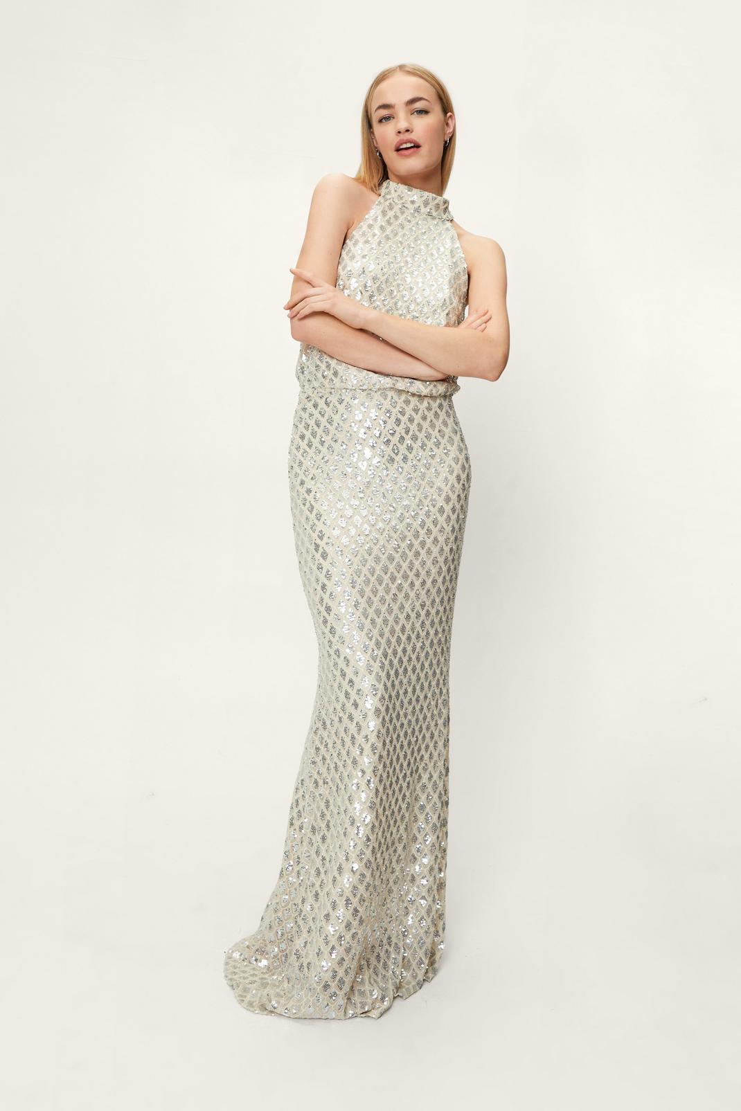 Champagne High Neck Sleeveless Sequin Detailed Maxi Dress image number 1