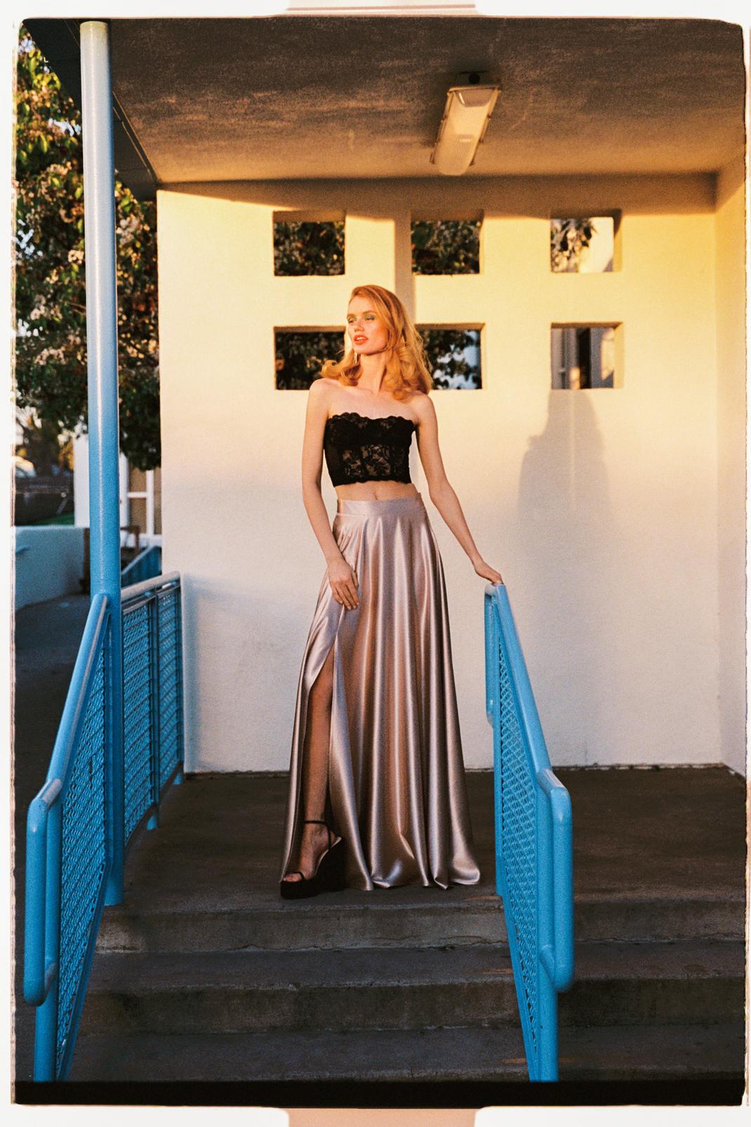 Champagne High Waisted Maxi Satin Evening Skirt image number 1