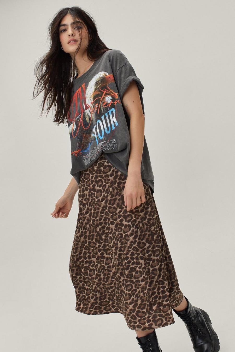 Leopard Print Satin Slip Midi Skirt