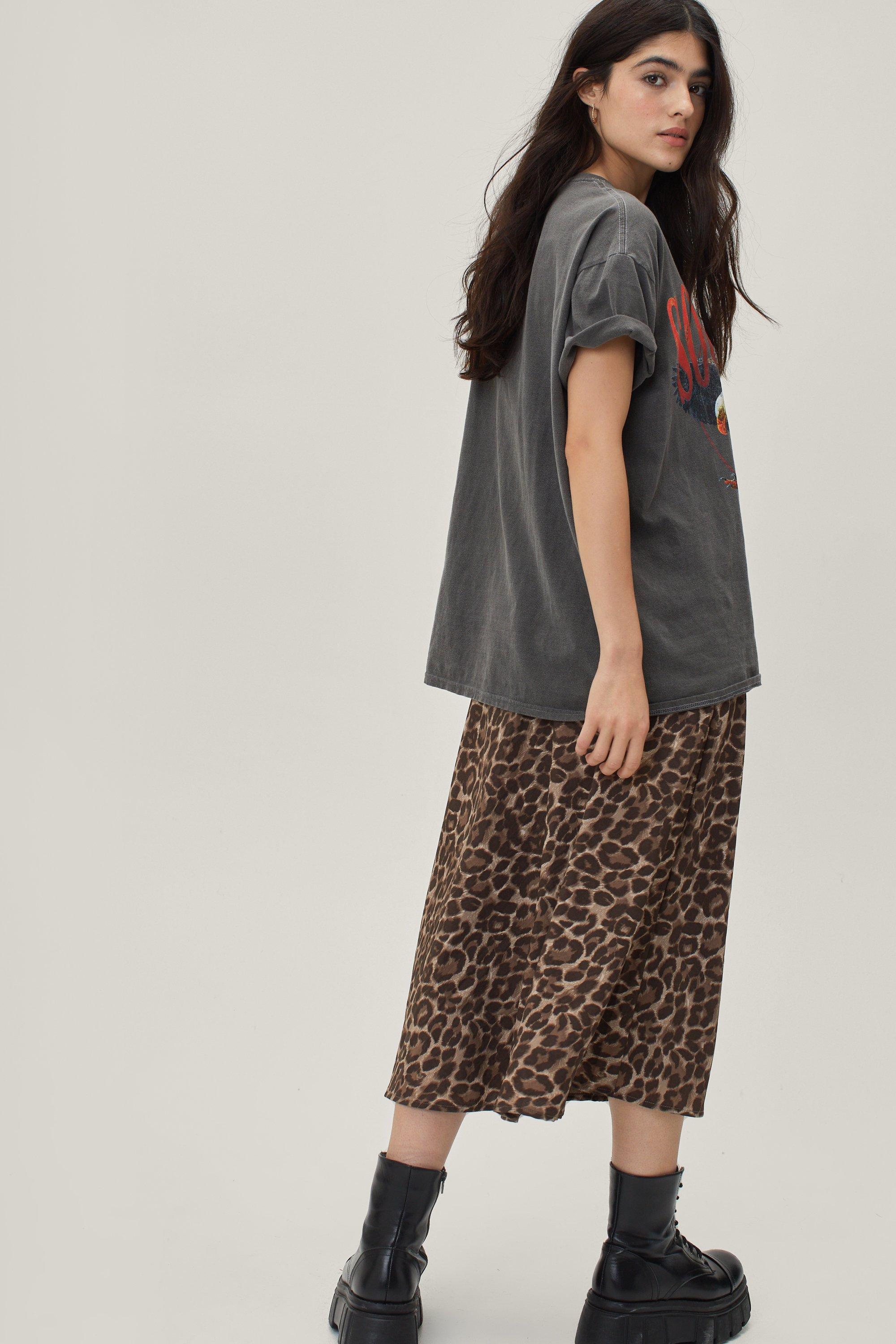 Leopard Print Satin Slip Midi Skirt